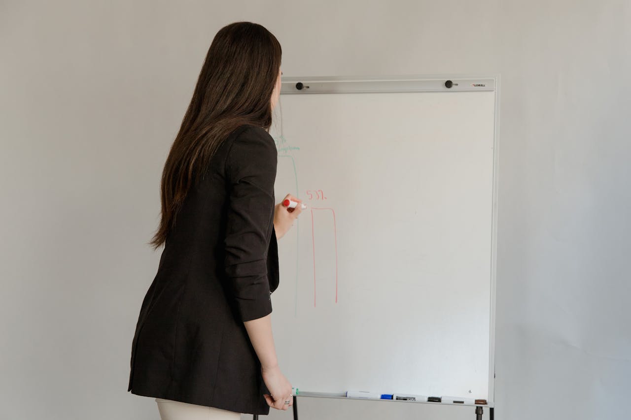 Female employee in black blazer writing on whiteboard during office meeting.